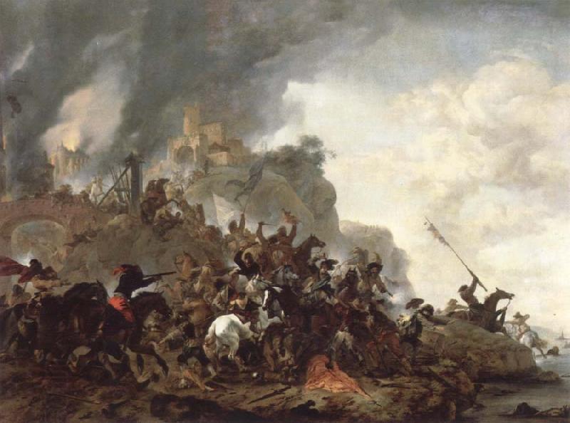 Philips Wouwerman cavalry making a sortie from a fort on a hill